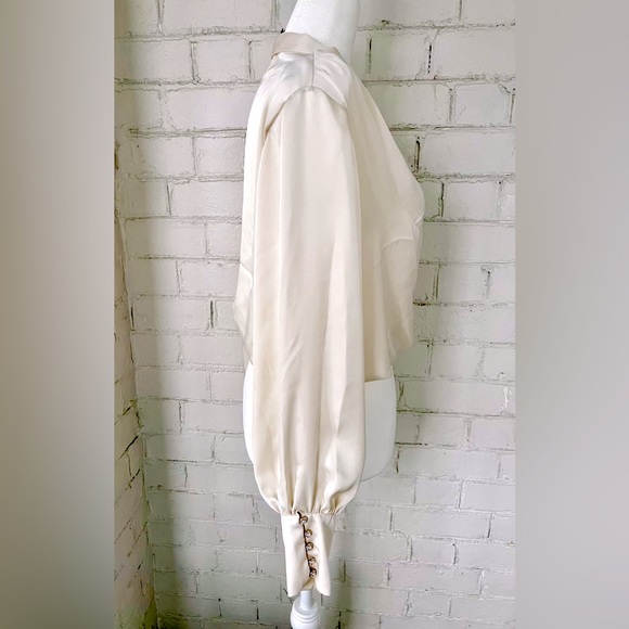 NWT, Express Ivory Embellished Cuff Draped Front Satin Blouse - XS - NWT - Picture 4 of 16